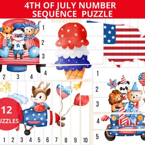 以下が含まれることがあります： 4 月 4 日をテーマにした数字のシーケンスパズルで、12 個のパズルがあります。パズルには、赤、白、青の服を着た動物、赤、白、青のアイスクリームコーン、赤、白、青の車の画像が描かれています。パズルは 1 から 10 まで番号が付けられています。