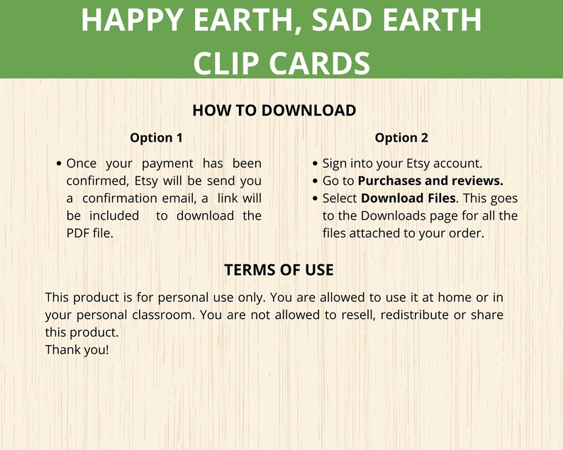 Puede incluir: Una hoja de instrucciones de descarga digital para un conjunto de tarjetas de clip imprimibles. La hoja explica c&oacute;mo descargar los archivos de Etsy despu&eacute;s de la compra. La hoja tambi&eacute;n incluye los t&eacute;rminos de uso del producto.