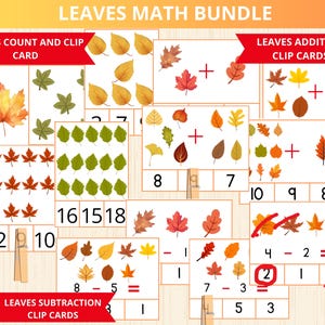 Puede incluir: Un conjunto de tarjetas educativas de matemáticas con ilustraciones de hojas coloridas. Las tarjetas están diseñadas para contar, sumar y restar, con números y ecuaciones. El texto en las tarjetas dice "LEAVES MATH BUNDLE", "LEAVES COUNT AND CLIP CARD", "LEAVES ADDITION CLIP CARDS" y "LEAVES SUBTRACTION CLIP CARDS".