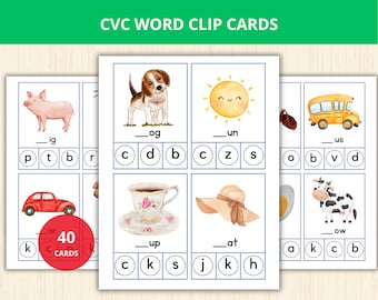 CVC word clip cards, Beginning Sound, Alphabet Phonics, Montessori, Kindergarten, Phonics Worksheets, Flashcards for Kids, ABC flashcards