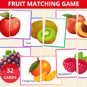 Puzzle di frutta, gioco di carte con abbinamenti di frutta, puzzle di simmetria, corrispondenza di simmetria, frutta Montessori per bambini piccoli, centri prescolari, corrispondenza di immagini