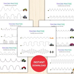 May include: A collection of printable tracing practice sheets for kids. Each sheet features dotted lines for tracing various shapes and patterns, with small monster truck illustrations. The text "TRACING PRACTICE" and "INSTANT DOWNLOAD" are visible.