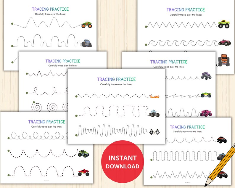 May include: A collection of printable tracing practice sheets for kids. Each sheet features dotted lines for tracing various shapes and patterns, with small monster truck illustrations. The text "TRACING PRACTICE" and "INSTANT DOWNLOAD" are visible.