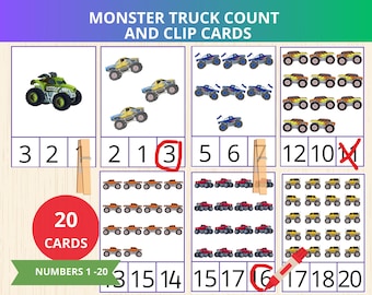 Count And Clip Monster Truck,monster truck counting game,preschool math worksheet,monster truck activity,number clip cards,counting practice