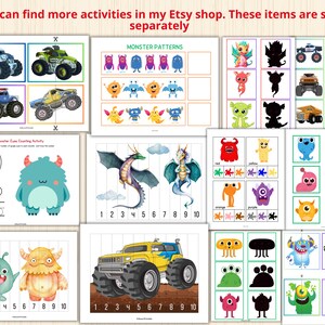 May include: A collection of educational printables featuring monster trucks, monster patterns, and counting activities. The printables include colorful illustrations of monsters and trucks, with text that reads "You can find more activities in my Etsy shop. These items are sold separately."