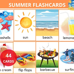Tarjetas didácticas de verano, tarjetas didácticas de las estaciones, tarjetas de playa, Montessori de verano, actividades de educación en casa, tarjetas didácticas preescolares, tarjetas de estaciones de verano, vocabulario