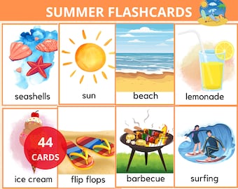 Summer Flashcards, Seasons flashcard,Beach Cards,summer montessori,Homeschool Activities,Preschool Flashcards,summer season cards,vocabulary