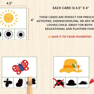 Op de afbeelding: Educatieve kaarten, elk 11,4 cm x 10,2 cm, met een lachende zon, een vlinder en een gele hoed met een bloem. De kaarten bevatten schaduwmatching-activiteiten. De tekst zegt "EACH CARD IS 4.5" X 4"" en "SAVE IT TO YOUR FAVORITES!"