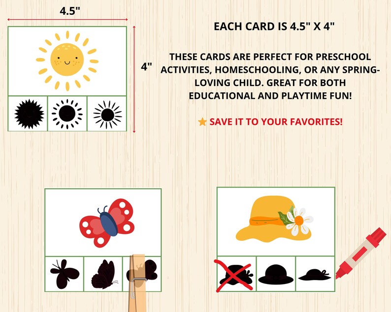 Op de afbeelding: Educatieve kaarten, elk 11,4 cm x 10,2 cm, met een lachende zon, een vlinder en een gele hoed met een bloem. De kaarten bevatten schaduwmatching-activiteiten. De tekst zegt "EACH CARD IS 4.5" X 4"" en "SAVE IT TO YOUR FAVORITES!"
