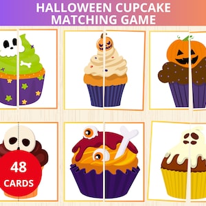 Gioco di abbinamento cupcake di Halloween, puzzle di Halloween, attività prescolare di Halloween, idea borsa occupata, abbina metà, abbinamento simmetrico, puzzle in due pezzi