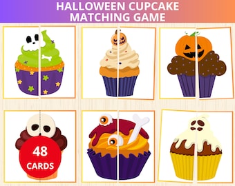 Halloween Cupcake Matching Game,Halloween Puzzles,halloween preschool Activity,Busy Bag Idea,Match Halves,symmetry matching,two piece puzzle