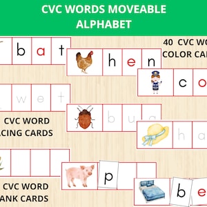 Schede di abbinamento parole CVC, alfabeto mobile Montessori, alfabeto fonico, riconoscimento lettere, bambini in età prescolare, scuola materna, attività di fonetica.