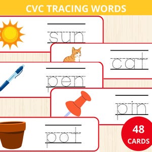 Cartes de recherche de mots CVC,entraînement à l'écriture cvc,entraînement à l'écriture manuscrite Montessori,traçage de mots pour le préscolaire,feuilles de travail prek,mots de vocabulaire CVC