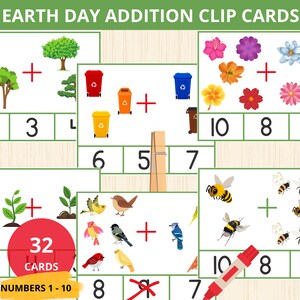 Schede di addizione per il giorno della Terra, scheda di lavoro per l'addizione per il giorno della Terra, schede di conteggio e addizione per le clip, attività di matematica per il giorno della Terra, riconoscimento dei numeri per il giorno della Terra