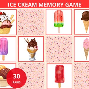 May include: A colorful ice cream memory game with 30 pairs of ice cream treats. The game features different types of ice cream, including cones, cups, and popsicles. The game is perfect for kids and adults alike.