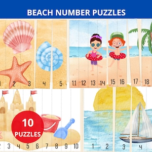 Könnte beinhalten: Strand-Zahlen-Puzzles mit Illustrationen von Muscheln, Seesternen, Sandburgen und Kindern am Strand. Die Puzzles sind von 1 bis 20 nummeriert. Ein roter Kreis zeigt an, dass es 10 Puzzles gibt.