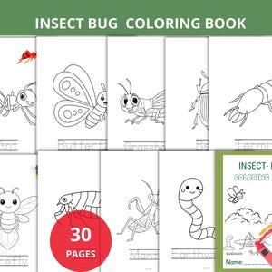 Può includere: Un libro da colorare intitolato "Insect Bug Coloring Book" con 30 pagine. Le pagine presentano disegni a tratto di vari insetti, tra cui una formica, una farfalla, una cavalletta, una termite e una lucciola, pronti per essere colorati. Sono mostrati dei pastelli.