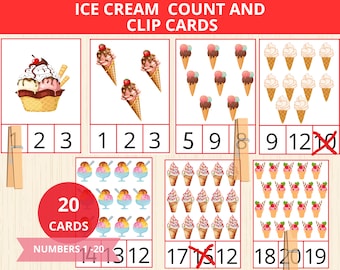 Ice Cream Count Clip Cards,numbers 1-20,Preschool Math Center,Counting Activity Cards,Learn to count,Number Recognition,counting preschool