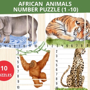 Rompecabezas de animales africanos, números del 1 al 10, animales africanos Montessori, rompecabezas preescolar, juego de rompecabezas de animales, animales de safari, animales de la selva, prek