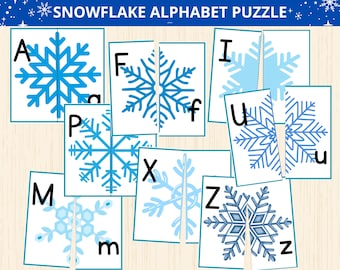 snowflake alphabet puzzle,Snowflake Symmetry Alphabet,winter alphabet,alphabet matching game,preschool alphabet activity,winter letter match