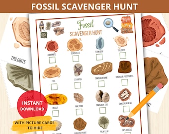 fossil scavenger hunt,dinosaur scavenger hunt,paleontology activity,prehistoric kids,dinosaur birthday game,nature scavenger,fossil learning