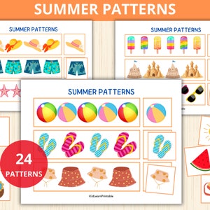 Patrones de verano, actividad de verano, patrones para cortar y pegar, patrones preescolares, habilidad con las tijeras, hoja de trabajo preescolar, Montessori de verano, educación en el hogar