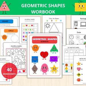 May include: A set of 40 printable worksheets for kids to learn about geometric shapes. The worksheets feature colorful illustrations of shapes with faces, and include activities like coloring, matching, and cutting and pasting.