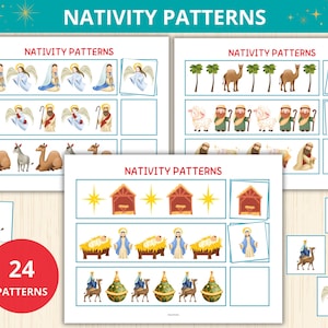May include: A collection of Nativity Patterns educational printables. The image features various patterns with illustrations of angels, camels, shepherds, and the nativity scene. The text "Nativity Patterns" is displayed at the top of each page. A red circle displays the text "24 Patterns".