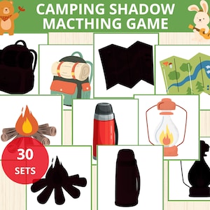 juego de emparejamiento de sombras para acampar, tarjetas didácticas para acampar, hoja de trabajo para acampar, preescolar, montessori, jardín de infantes, tarjetas para emparejar, juego de emparejamiento, carpeta de actividades, prek