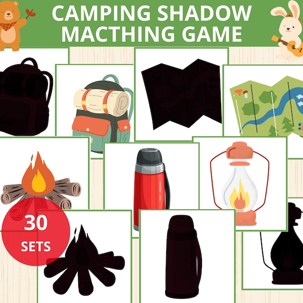 camping shadow matching,camping flashcards,Camping Worksheet,preschool,montessori,kindergarten,matching cards,matching game,busy binder,prek