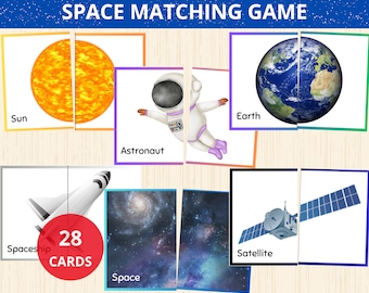 Könnte beinhalten: Ein Weltraum-Memory-Spiel mit 28 Karten, die Bilder von der Sonne, der Erde, einem Astronauten, einem Raumschiff, einem Satelliten und einer Galaxie zeigen. Die Karten sind in zwei Abschnitte unterteilt, mit dem Bild auf der einen Seite und dem Wort auf der anderen.