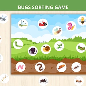 May include: A colorful Bugs Sorting Game illustration. The game features a green landscape with various cartoon bugs in white circles, including a ladybug, butterfly, and bee. The text "BUGS SORTING GAME" is at the top. Additional bug illustrations are on the left.