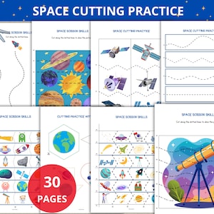 May include: A collection of 30 pages of space-themed cutting practice worksheets. The pages feature illustrations of planets, rockets, satellites, and other space-related objects. The text "SPACE CUTTING PRACTICE" and "SPACE SCISSOR SKILLS" are visible.