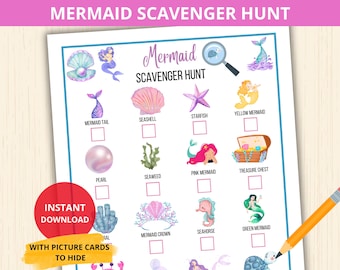Mermaid Scavenger Hunt,mermaid trasure hunt,mermaid Birthday Party Game,Indoor Activities,ocean scavenger hunt,slumber party games,sleepover