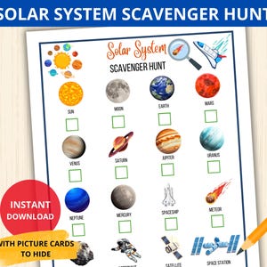 solar system Scavenger Hunt,space Treasure Hunt,Galaxy Universe Activity,Space Themed Party,solar system activity,space flashcard,indoor gam