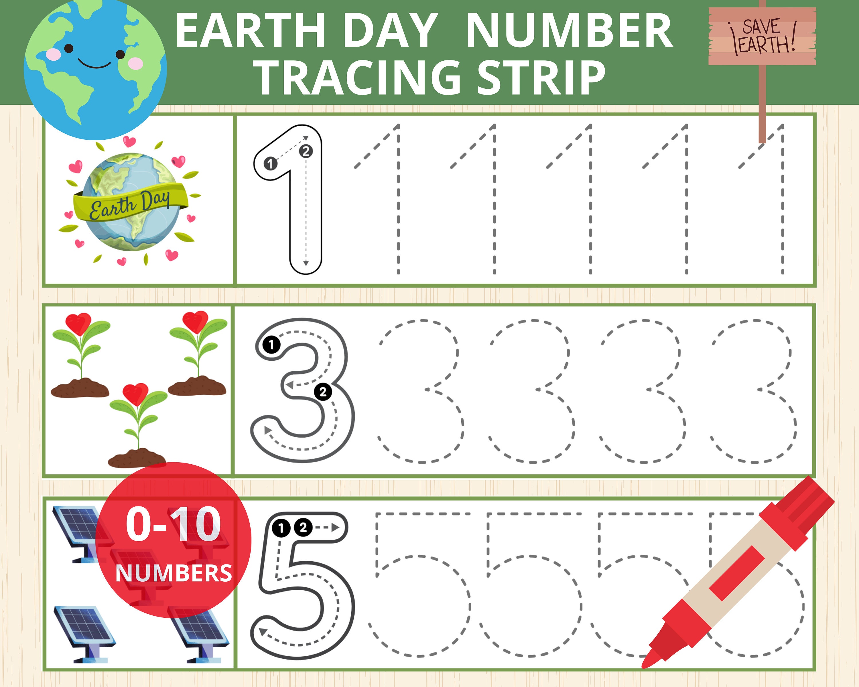 earth day activity,number tracing strips,number tracing worksheets,preschool worksheets, kindergarten,handwriting activity,traceable numbers