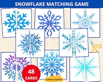 May include: A snowflake matching game with 48 cards. The cards feature blue, purple, and turquoise snowflakes with glitter and watercolor designs. The game is designed for 2-piece puzzles.