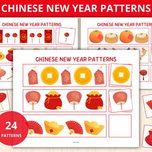 Może przedstawiać: Drukowana karta pracy z 24 wzorami przedstawiającymi symbole chińskiego Nowego Roku. Symbole obejmują czerwone koperty, złote monety, wachlarze, latarnie i szczęśliwą torbę. Karta pracy została zaprojektowana, aby dzieci ćwiczyły rozpoznawanie i uzupełnianie wzorów.