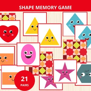 Könnte beinhalten: Ein Shape Memory Game mit 21 Kartenpaaren, die bunte geometrische Formen wie ein rotes Herz, ein gelbes Dreieck, eine blaue Raute, ein rosa Oval, ein orangefarbenes Rechteck, einen rosa Stern und ein graues Sechseck mit lächelnden Gesichtern zeigen.