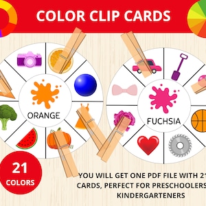 Tarjetas de clip de colores, vocabulario de colores, reconocimiento de colores, actividad de combinación de colores, habilidades motoras finas, enseñanza de colores, educación Montessori, preescolar