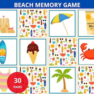 Jogo da memória de praia, cartão de memória de verão, jogo da memória de praia, atividade de festa na praia, jogo de correspondência de verão, atividade pré-escolar de praia, montessori de verão