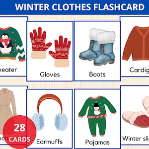 Carte mémoire de vêtements d'hiver, carte mémoire de vêtements d'hiver, cartes de vocabulaire d'hiver, vocabulaire de vêtements, cartes de nomenclature, activité d'association de vêtements