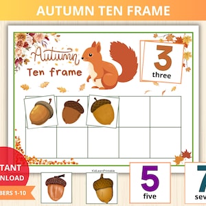 Cadre dix d'automne,chiffres d'automne 1-10,comptez et associez,comptage pour la maternelle,préscolaire d'automne,activité de dénombrement des écureuils,mathématiques pour les enfants,automne montessori