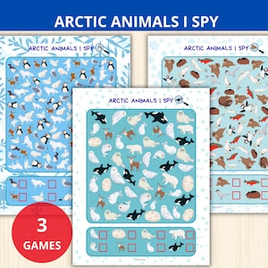 May include: Three "Arctic Animals I Spy" game sheets. Each sheet features a blue background with various arctic animals like penguins, polar bears, and whales. The games include a magnifying glass icon and a section for counting the animals.