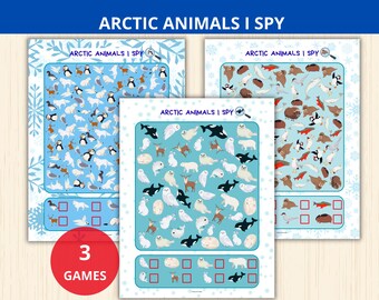 May include: Three "Arctic Animals I Spy" game sheets. Each sheet features a blue background with various arctic animals like penguins, polar bears, and whales. The games include a magnifying glass icon and a section for counting the animals.