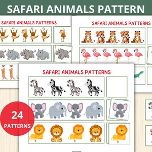 safaridieren Patronen, wat nu komt, schaarvaardigheden, safari-matching, kleuterschool, wilde dieren, patronen voorschoolse, fijne motoriek, dierentuin