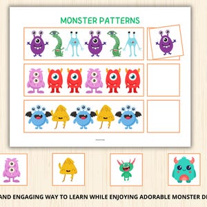 May include: A printable worksheet featuring colourful monster illustrations. The worksheet is designed to help children learn patterns by matching the monsters in the top row to the empty spaces in the bottom row. The worksheet includes the text "Monster Patterns" and "A fun and engaging way to learn while enjoying adorable monster designs!"