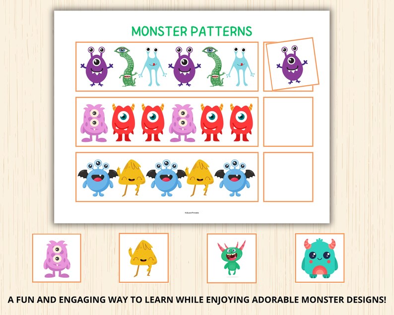 May include: A printable worksheet featuring colourful monster illustrations. The worksheet is designed to help children learn patterns by matching the monsters in the top row to the empty spaces in the bottom row. The worksheet includes the text "Monster Patterns" and "A fun and engaging way to learn while enjoying adorable monster designs!"