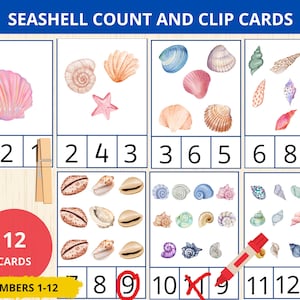 Comptage de coquillages et carte à clip, Comptage d'été et carte à clip, Comptage de coquillages, 1 à 10, Montessori d'été, étude d'unités animales océaniques, Mathématiques préscolaires
