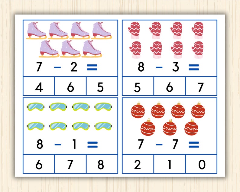 Winter Math Activities, Flashcards,1st Grade Math, Subtraction for Preschool and Kindergarten